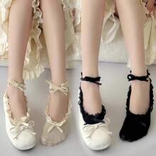 1/2 Pair Of Lace Socks For Women, Black And White Lace Ankle Socks With Lace Ties, Thin Spring/Summer Ballet Style, With Bows For Girls, Suitable For Mary Jane Shoes - 一雙米白色蕾絲船襪 - 查看 6