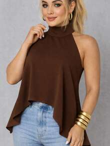 Women's Tank Top With Halter Neck And Tie Detail - Summer - 鏽棕色 - 查看 1