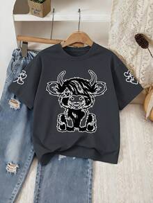 Camiseta de manga corta con cuello redondo y estampado de vaquita y corazón pintado a mano para niñas, nueva ropa cómoda de primavera/verano para niñas preadolescentes - Gris Oscuro - Ver 3