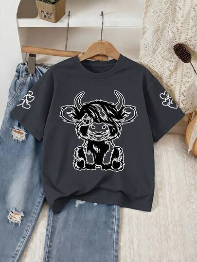 Girls' Hand-Painted Little Cow & Heart Pattern Round Neck Short Sleeve T-Shirt, Comfortable New Spring/Summer Tween Girl Clothing