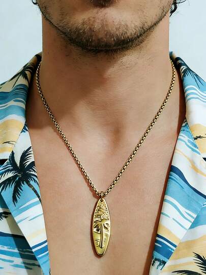 MECYLIFE 1件夏季沙滩项链，不锈钢冲浪板和棕榈树吊坠项链，男士海洋风配饰