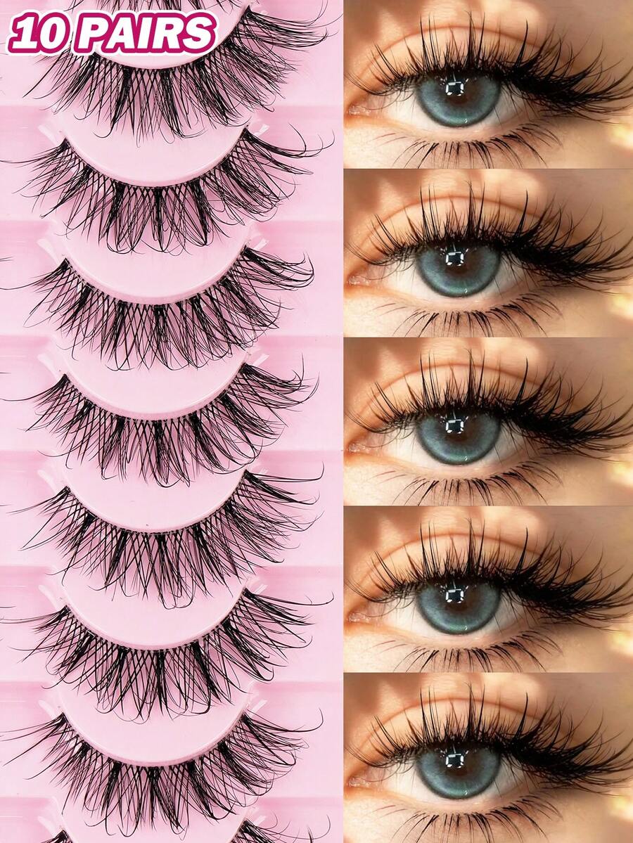 MAANGE 10pcs Wet Manga Style False Eyelashes, One-Piece Natural Transparent Lashes Extension, Densely Curled Design, Suitable For Beginners, Reusable