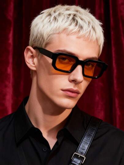 1 Pair New Narrow Frame Orange Retro Fashion Glasses For Men, Punk Street Style Casual Decorative Glasses, Solid Color