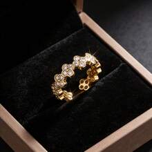 1pc 18K Gold Plated Copper Fully Paved Clover Adjustable Open Ring, Suitable For Holidays, Valentine's Day, Mother's Day Gifts, Daily Wear, Wedding - Gold - View 5