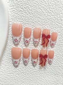 10Pcs Fun French Style Polygel Nail Set,Acrylic Press-On Nails,Red 3D Ribbon Bow,Hand-Painted Red Five-Petaled Flowers, White Lace Trim Nail Art Decoration,White Nail Polish,Suitable For Daily,Reunion,Party,Photograph,Play,Spring Summer,Commute Supplies Nails,Great Gift For Ladies And Girls Press On Nails - 彩色 - 查看 3