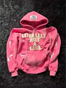 Vintage-Inspired Pink Hooded Zip-Up Sweatshirt For Women | "LITERALLY JUST A GIRL" Graphic Oversized Fall Jacket | Streetwear Fashion Hoodie & Zip Cardigan - Pink - View 1
