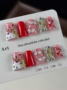 10pcs High-End Sweet And Cool Style, Hand-Painted Patterns, Dazzling Three-Dimensional Stacked Diamonds Handmade Fake Nails, Nail Stickers Suitable For Music Festivals, Concerts, Bar Parties And Festival Events - Multicolor - View 2