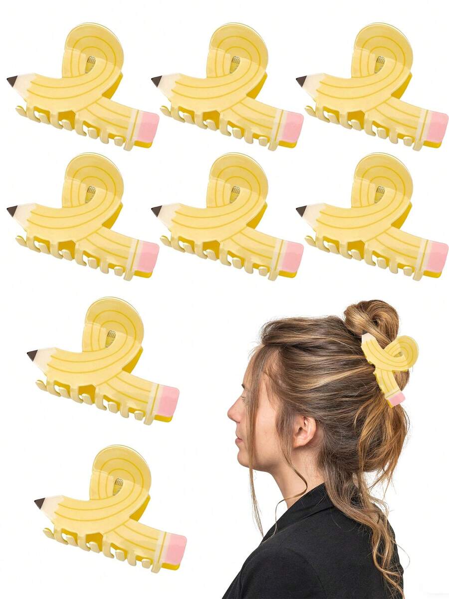 黄色铅笔造型发夹，返校必备发饰，趣味铅笔造型发夹，适合作为教师礼物，既实用又有趣。