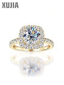 XUJIA 1pc 2 Carat Halo Moissanite Engagement Ring, 925 Sterling Silver, 8mm Round Cut Moissanite, 1.7mm & 1.9mm Cubic Zirconia Accents, Anniversary Wedding Band, Jewelry Gift - Yellow Gold - View 2