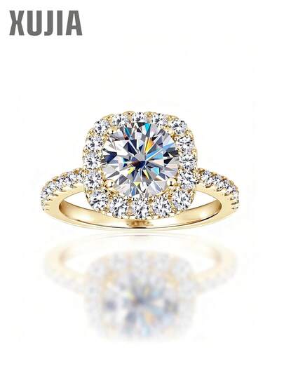 XUJIA 1pc 2 Carat Halo Moissanite Engagement Ring, 925 Sterling Silver, 8mm Round Cut Moissanite, 1.7mm & 1.9mm Cubic Zirconia Accents, Anniversary Wedding Band, Jewelry Gift