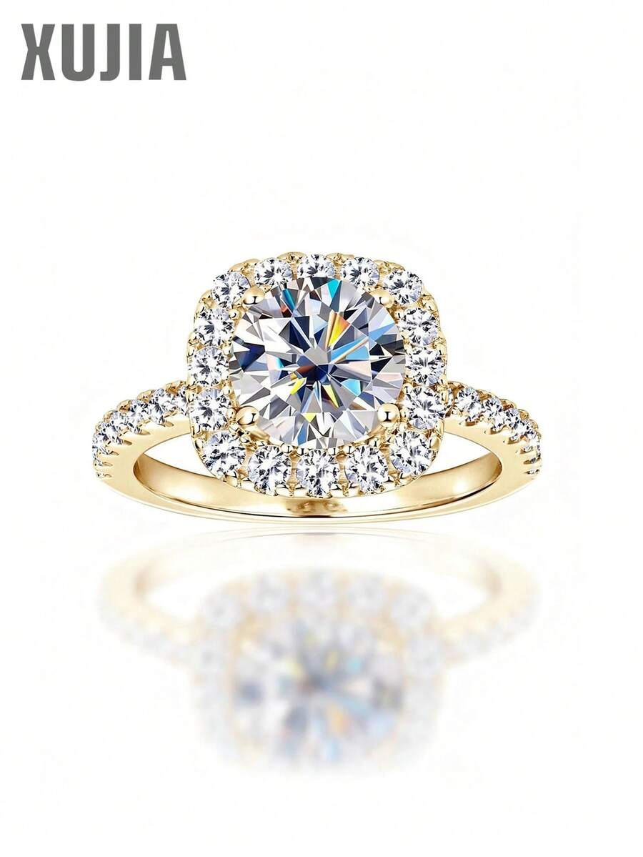 XUJIA 1pc 2 Carat Halo Moissanite Engagement Ring, 925 Sterling Silver, 8mm Round Cut Moissanite, 1.7mm & 1.9mm Cubic Zirconia Accents, Anniversary Wedding Band, Jewelry Gift