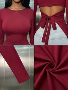 Women's Casual Solid Color Drawstring Waist Fitted T-Shirt, Suitable For Summer And Spring Seasons, Summer And Spring Clothing, Summer And Spring Tops, Summer And Spring Apparel, Outdoor Tops, Women's Casual Blouse - Burgundy - View 8