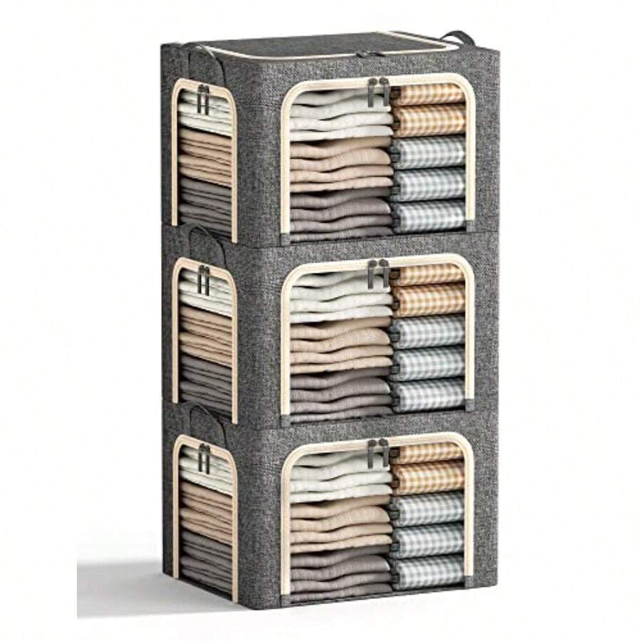 Contenedores de almacenamiento de ropa de 3 aberturas con marco de metal contenedor de almacenamiento plegable para ropa contenedores de almacenamiento de ropa con tapa caja de almacenamiento de - Gris Oscuro - Ver 1