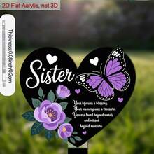 2D Flat Design, Sisters Memorial 2D Flat Acrylic Heart-Shaped Garden Plaque - Purple Butterfly Floral Pattern, Suitable For Garden, Yard, Cemetery Decor, 2D Flat Design - B - View 2