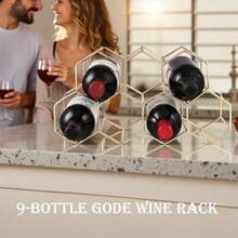 Buruis - Estante de vino para encimera de 9 botellas soporte de metal de panal para vinos tintos y blancos organizador de botellas de pie para el hogar cocina o bar dorado - Oro - Ver 2