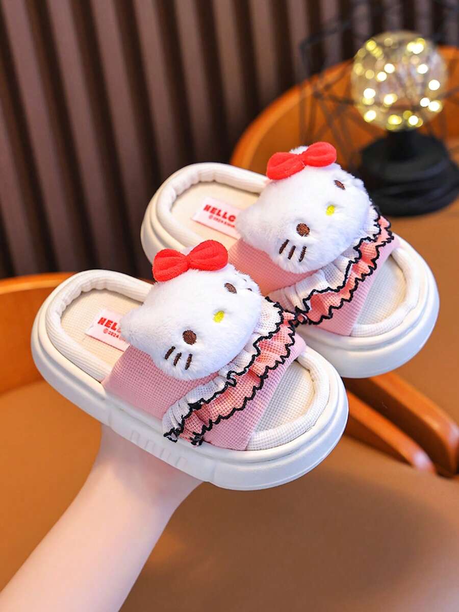 SANRIO Kuromi儿童亚麻拖鞋一双装,透气亚麻室内拖鞋,男女童均适用,适合春秋季穿着。 - 粉色 - 查看 1