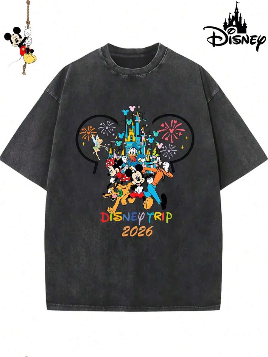 Disney Couple T-Shirts, 100% Cotton, 230g, Cute Mickey Mouse Crew Neck T-Shirts, Detailed And Vibrant Design, Durable And Easy-Care Fabric, Suitable For Everyday Wear, Commuting And Other Occasions. - 黑色 - 查看 1
