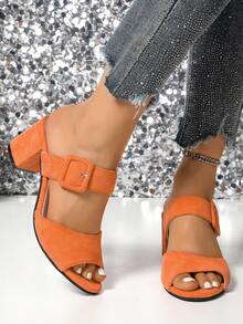 Solid Color Fabric Faux Button High Heel Sandals, Suitable For Party, Outdoor, Holiday, Office, Wedding, All Seasons - Orange - View 1