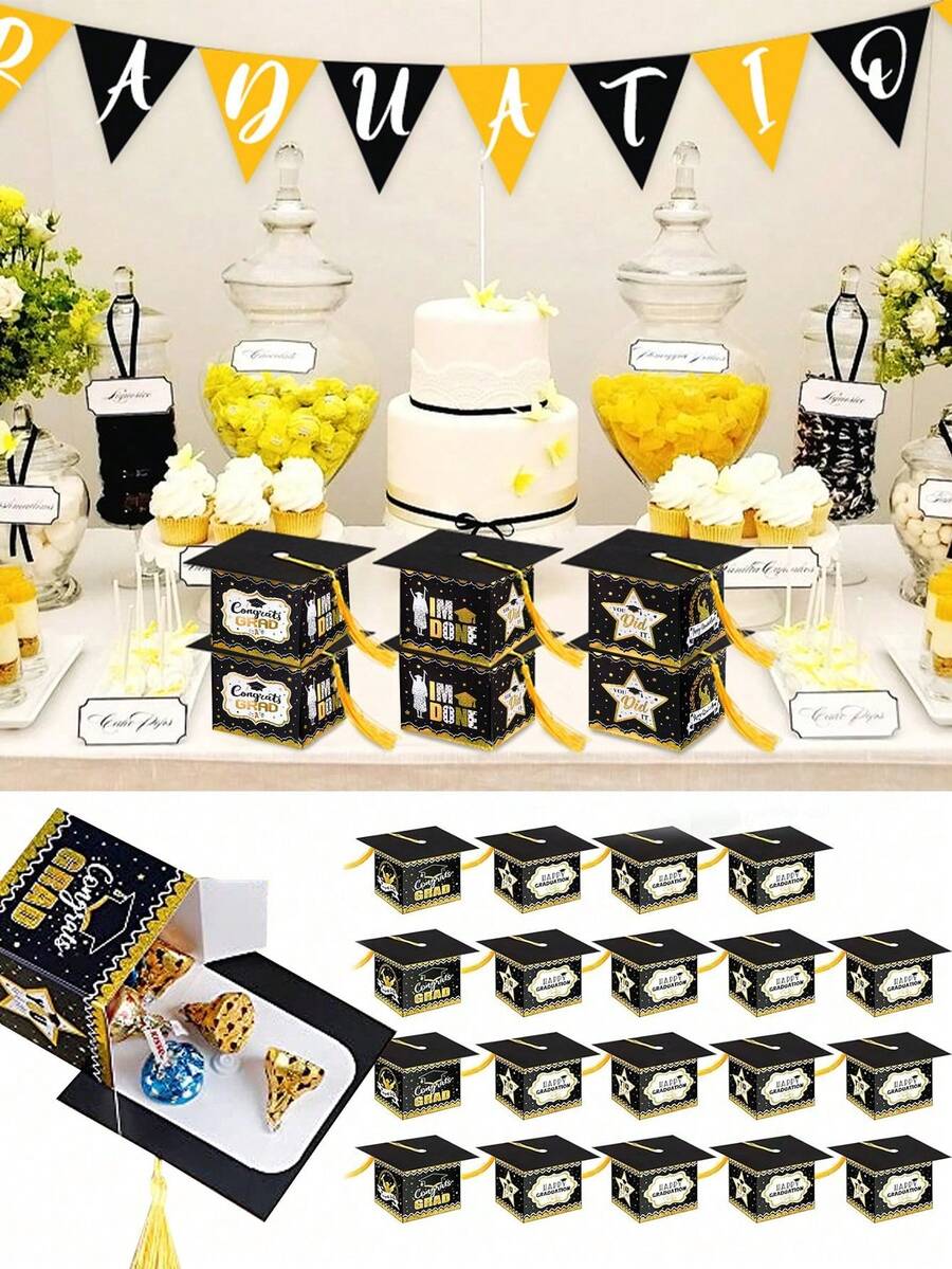 10/20/30pcs Gold Glitter Graduation Cap Candy Boxes, 2026 Graduation Decor, Graduation Party Favor Boxes With Tassels, Chocolate Boxes, Graduation Gift Boxes For Class Of 2026 - Multicolor - View 1