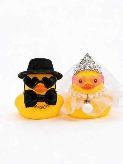 2pcs/Set Rubber Duck Bride And Groom, Cute Wedding Party Decor, Car Dashboard Decor, Wedding Favors, Wedding Ceremony Gift Set, Wedding Anniversary Gift, White Design With Veil And Soft Top Hat