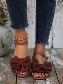 Sandalias de verano retro con lazo grande de color marrón, sandalias planas de suela blanda con punta abierta y lazo para estudiantes, sandalias casuales para caminar - Marrón - Ver 2