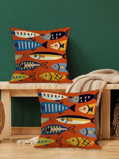 2Pcs Watercolor Sardine Pillowcase Set. Colorful Fish Farmhouse Pillowcases For Home, Sofa, Holiday Party Decorations, Living Room, Bedroom, Bed, Sofa, And Chair Cushions (Unfilled)