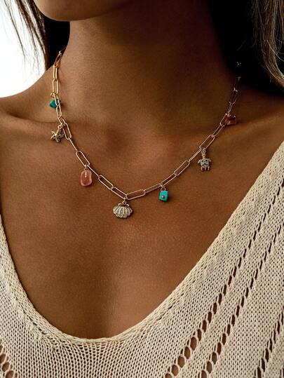 Nooxian 1件女士项链，波西米亚风格，适合夏季海滩度假，铜镶嵌锆石海星贝壳海龟天然绿松石粉色宝石回形针链流苏多层项链，日常配饰礼物