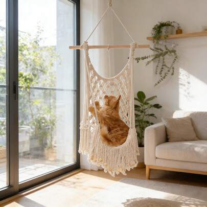 1件波西米亚风悬挂式猫吊床，墙面装饰宠物屋，手工心形猫秋千，四季皆宜的悬挂式毯子猫床 - 不含垫子