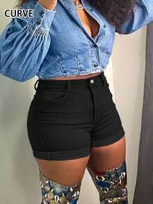 New Fashionable Minimalist Mid-Waist Plus Size Women Plain Denim Shorts Casual Black Summer - Black - View 2