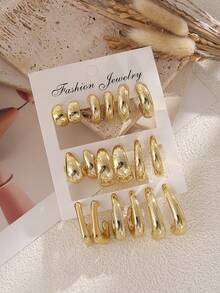 18pcs Fashionable Gold Metal Teardrop & Round Mixed Shape Earring Set, Lightweight CCB Material, Suitable For Daily Wear - Gold - View 4