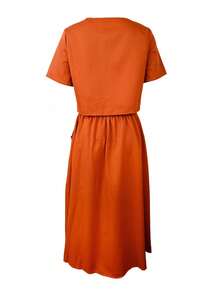 2pcs/Set Casual Round Neck Short Sleeve Buttoned Crop Top And Single Breasted Pocket A-Line Skirt Outfit - Brown - View 2