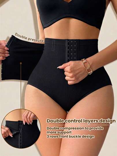 1件装加大码女士黑色高腰双重压缩塑形内裤，双拉链设计，收腹提臀塑形，弹性塑形腰带