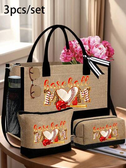 Tote Bag Set For Women | Printed With Artistic Letters "Baseball" & Gorgeous Baseball Elements Pattern,Gifts For Girlfriend, Sports Lovers, Athletes, Baseball Players | Casual Daily Carrier For Work, School, Gym, Travel, Beach, Picnic | Baseball Enthusiast Accessory, Fashion Shoulder Tote, Reusable Shopper, Perfect For Valentine'S Day