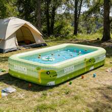 1个三层绿色龙形充气游泳池，家庭充气游泳池，采用PVC材质，三层设计，易于安装和存放，是户外休闲、后院派对、花园、露台、夏季派对和水上游戏的理想之选 - A - 查看 6