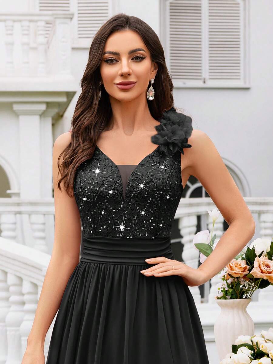 MIUSOL Vestido maxi formal de fiesta con cuello de corazón, sin mangas, con volantes de gasa con abertura y lentejuelas con estampado floral, adecuado para invitados de boda, ceremonia de graduación, cena de gala y otras ocasiones elegantes de verano en color negro