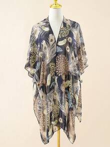 1件女士优雅孔雀印花雪纺和服罩衫，轻盈透气，适合春夏海滩、泳池派对、休闲度假，防晒保暖 - 彩色 - 查看 6