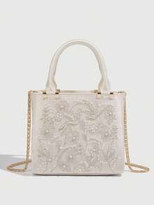 Moonlight White Pearl Embroidered Mini Handbag, Exquisite Floral Embossed Evening Clutch - White - View 8