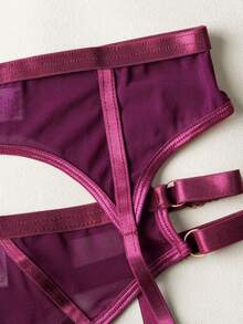3pcs Sexy Wine Red Sheer Mesh Lingerie Set, Underwire Bra With Garter Belt - Purple - View 6