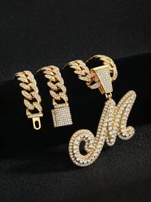 嘻哈风镶钻链，配定制草书字母吊坠，镀金项链，个性化首字母首饰 - 嘻哈字母項鍊 - 查看 8