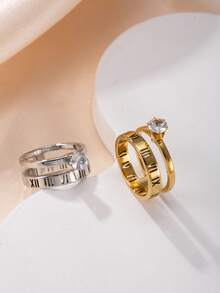 2pcs Stainless Steel Women's Roman Numeral Zirconia Ring, Suitable For Women's Daily, Festival, Dating, Engagement, Wedding, Outing, Party Matching - Multicolor - View 2