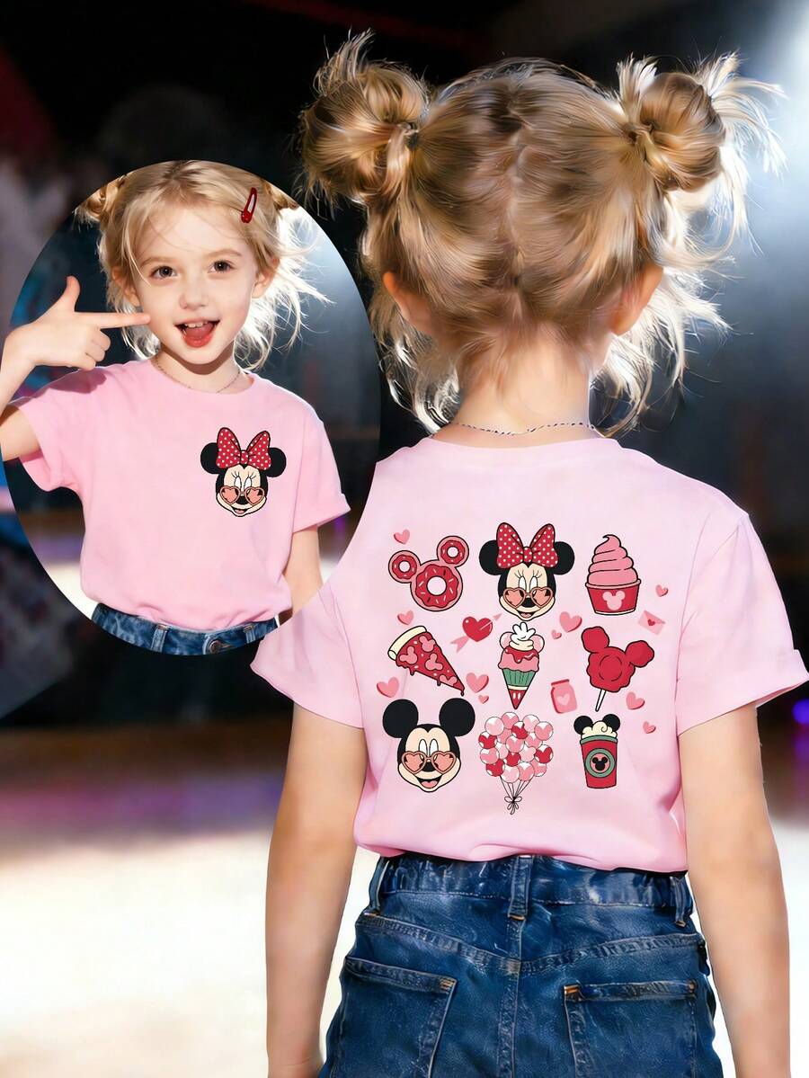Disney Minnie Mouse And Sweet Treats 100% Pure Cotton Children's T-Shirt, With Cartoon Print On Both Sides. This Casual-Style Children's T-Shirt Is Suitable For Both Boys And Girls, Making It An Ideal Choice For Christmas Parties And Everyday Outdoor Activities. - 粉色 - 查看 1