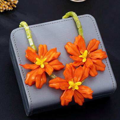1pc Exaggerated Orange & Black Tie Dye Floral Handmade Beaded Pendant Necklace, Floral 3D Necklace For Party, Casual, Elegant Wear, Seasonal