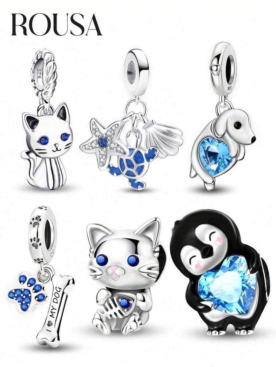 1pc 925 Sterling Silver Blue Cat, Penguin, Puppy Pendant Charm, Suitable For Bracelet DIY, Women's Jewelry, Student Supplies