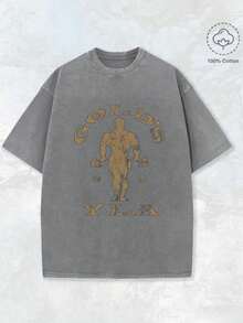 Gym Motivation Design With Golden Lettering & Weightlifting Art Print Washed T Shirt 230gsm, Round Neck Gym & Outdoor Sports Apparel, All-Season Fitness Shirt, Training Gear, Sporty Design, Durable Construction, Performance Wear, Casual Athletes, Halloween & Christmas Casual Wear, Gym Shirts, Comfortable Fit Shirt, Workout Clothing, Street Style, Fitness Enthusiasts2025 - 灰色 - 查看 3