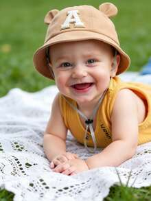 1pc Baby Cute Ear Design Bucket Hat, Kids Letter Print Sun Hat, Casual Adjustable Windproof Strap, Suitable For Outdoor Beach Sun Protection - Khaki - View 3