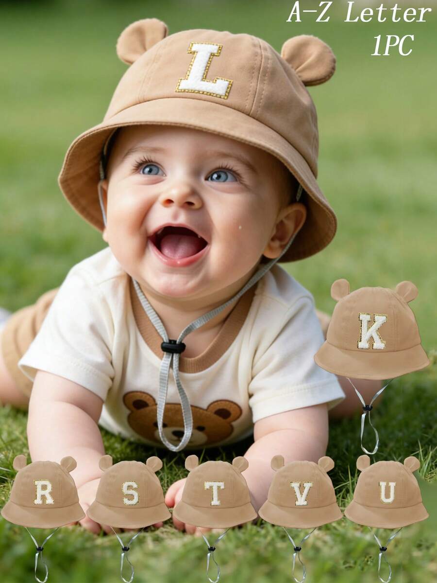 1pc Baby Cute Ear Design Bucket Hat, Kids Letter Print Sun Hat, Casual Adjustable Windproof Strap, Suitable For Outdoor Beach Sun Protection - Khaki - View 1