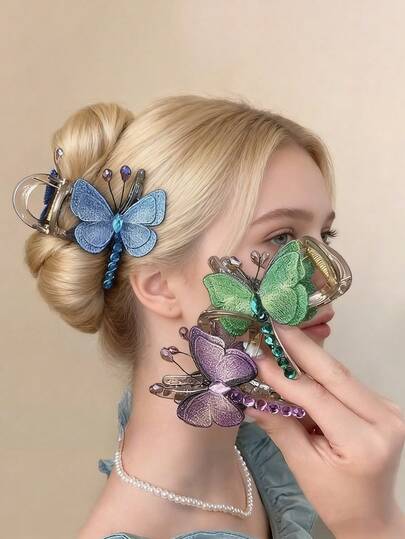 1个绿色蝴蝶发夹，女士适用 - 精致刺绣水钻爪夹，防滑强力夹持发夹，适合浓密头发，可爱美观的日常佩戴发饰