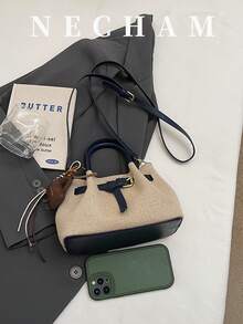 1pc Unique Design Handbag With Pendant, Contrast Color Flap Shoulder Bag, Fabric And PU Material, Suitable For Work, Shopping, Dating And Outings - Blue - View 8