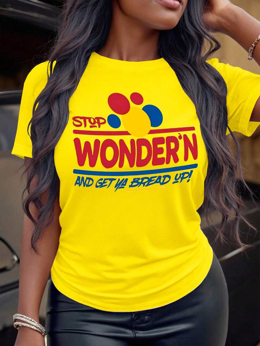 Howell休闲T恤，四季皆宜，印有“Stop Wonder'n And Get Ya Bread Up”字样，面料柔软舒适，弹性十足，夏季必备。 - 黃色 - 查看 1