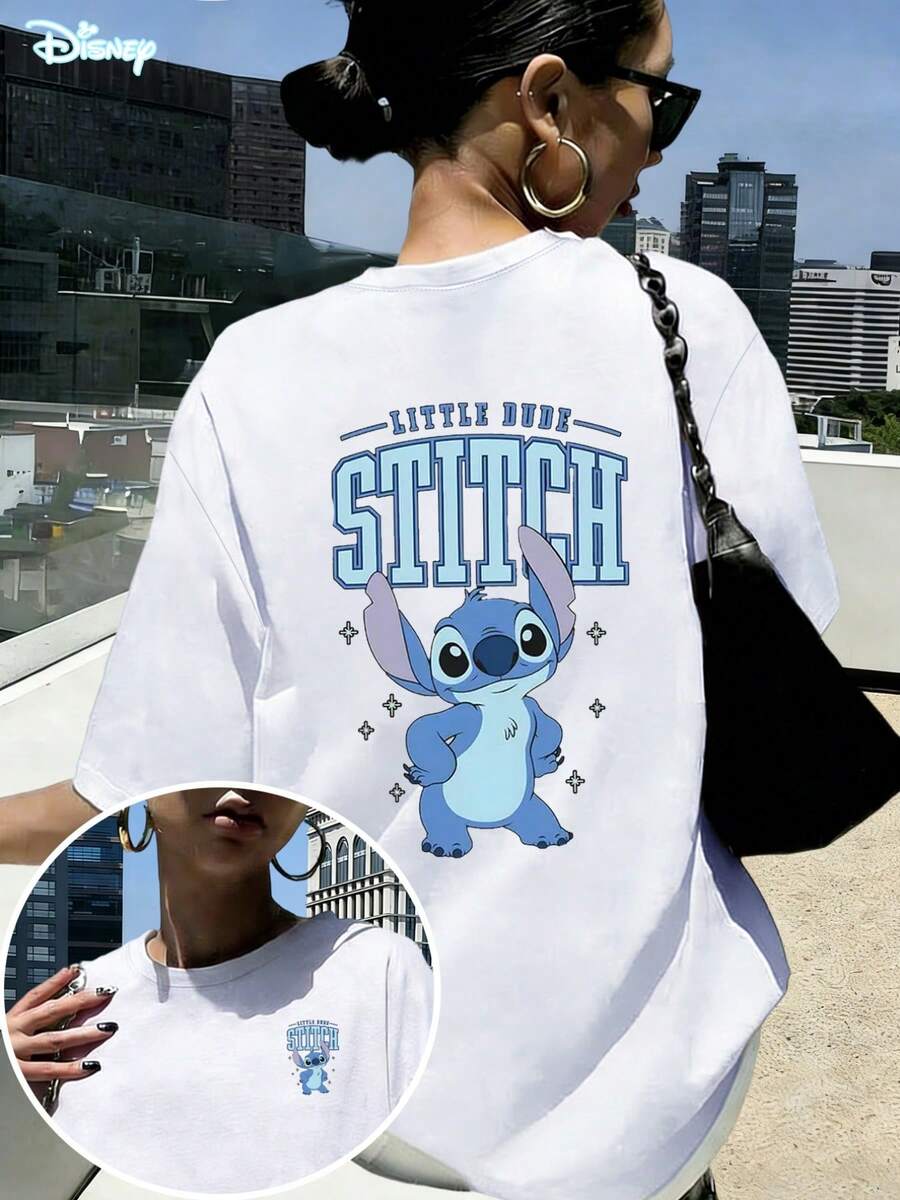 Disney Lilo & Stitch "Little Dude" Oversized T-Shirt: White Loose Fit Cotton Tee With College Style Double-Sided Graphic, Perfect For Theme Park Visits, Casual Wear And Stitch Fans, Ideal Gift - 白色 - 查看 1